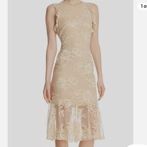 NWT Wayf Women's Gold Bristol Ruffle Lace-Overlay Midi Sheath Dress Size L